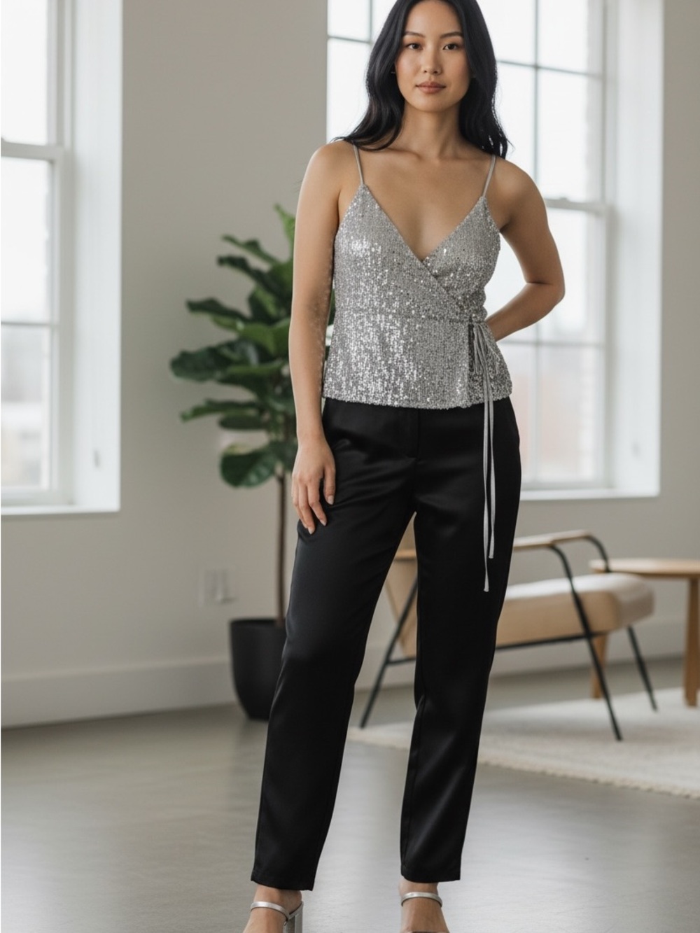 Zara Silver Sequin Wrap Cami Top | Size Small